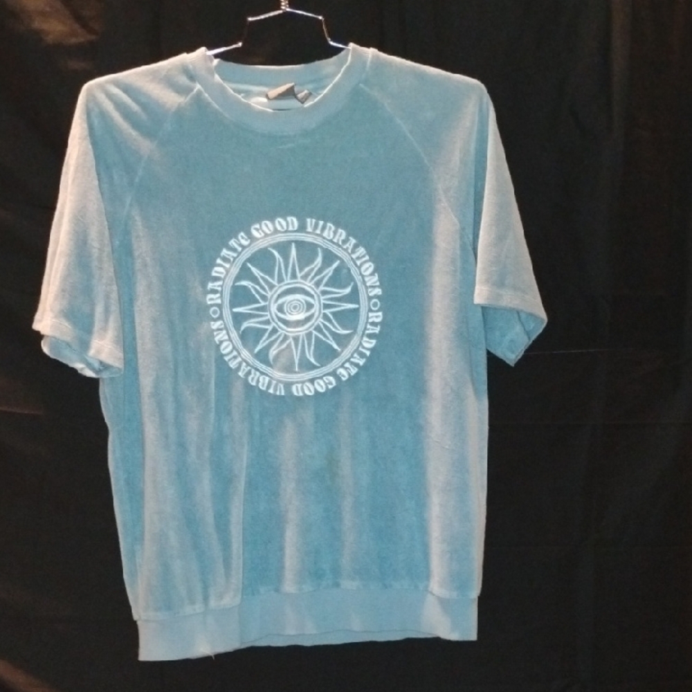 Men's Sky Blue Velour Short Sleeve Sweatshirt | Radiate Good Vibrations